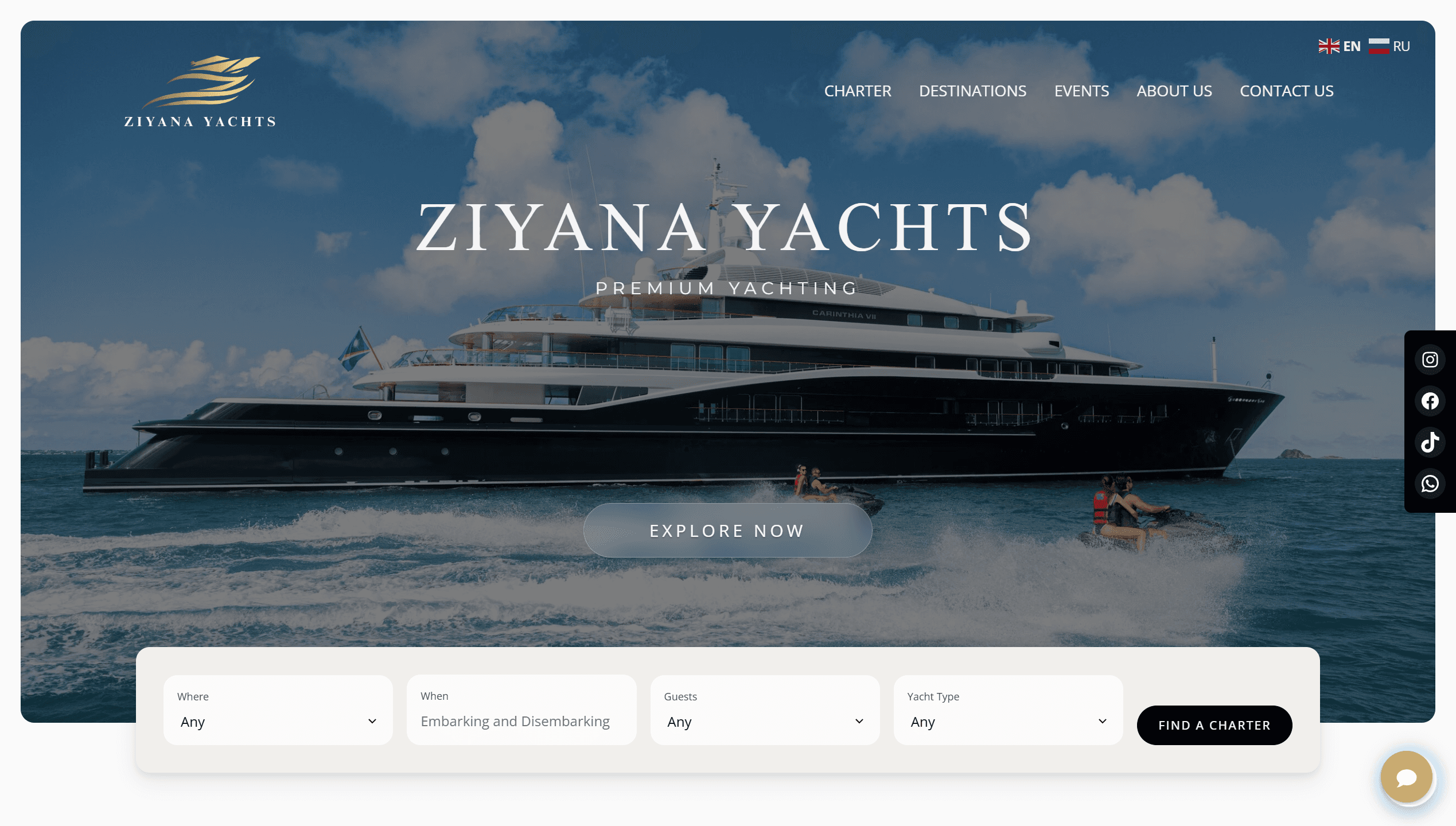 Ziyana Yachts website hero — a superyacht at sea