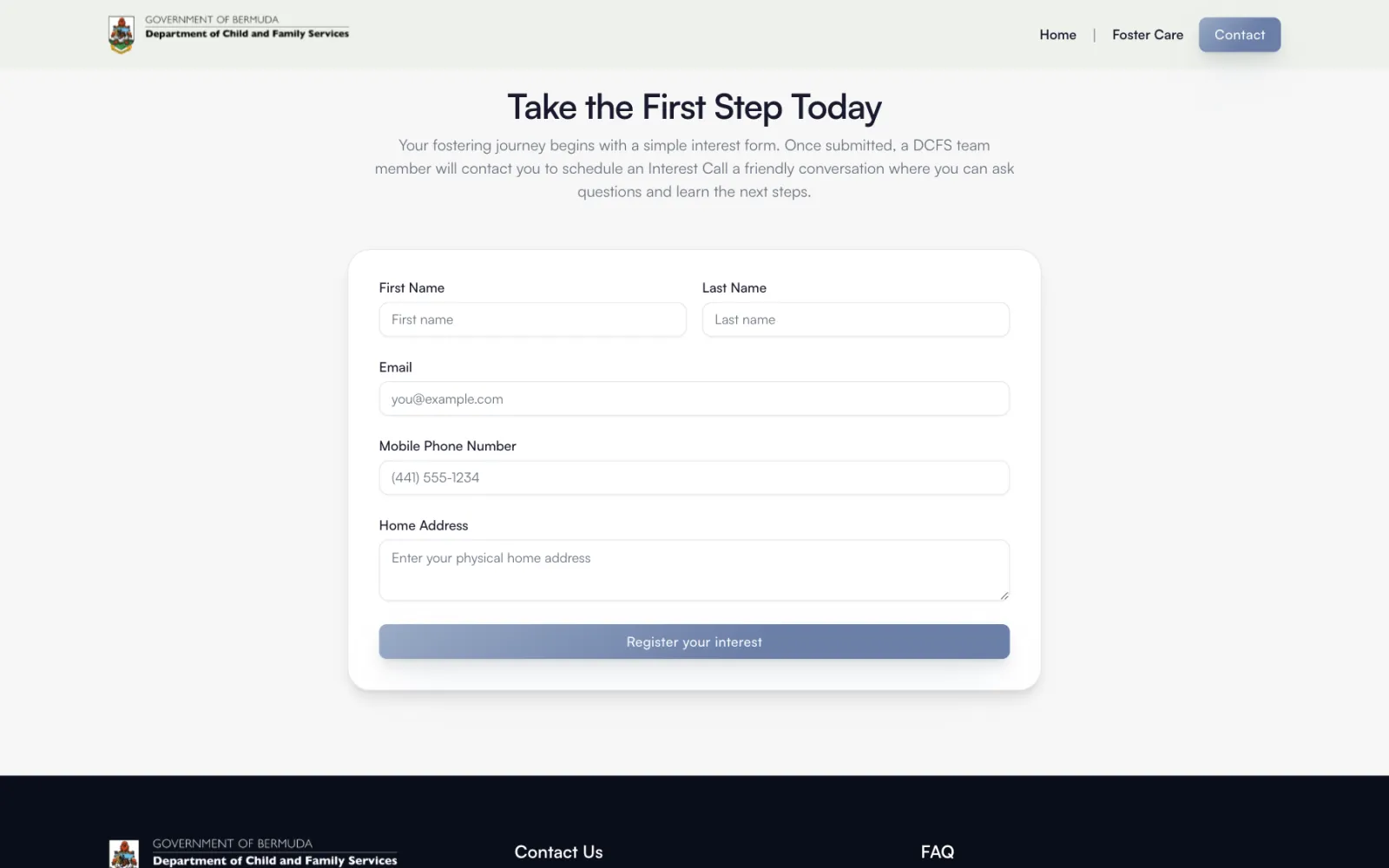 The interest form on desktop