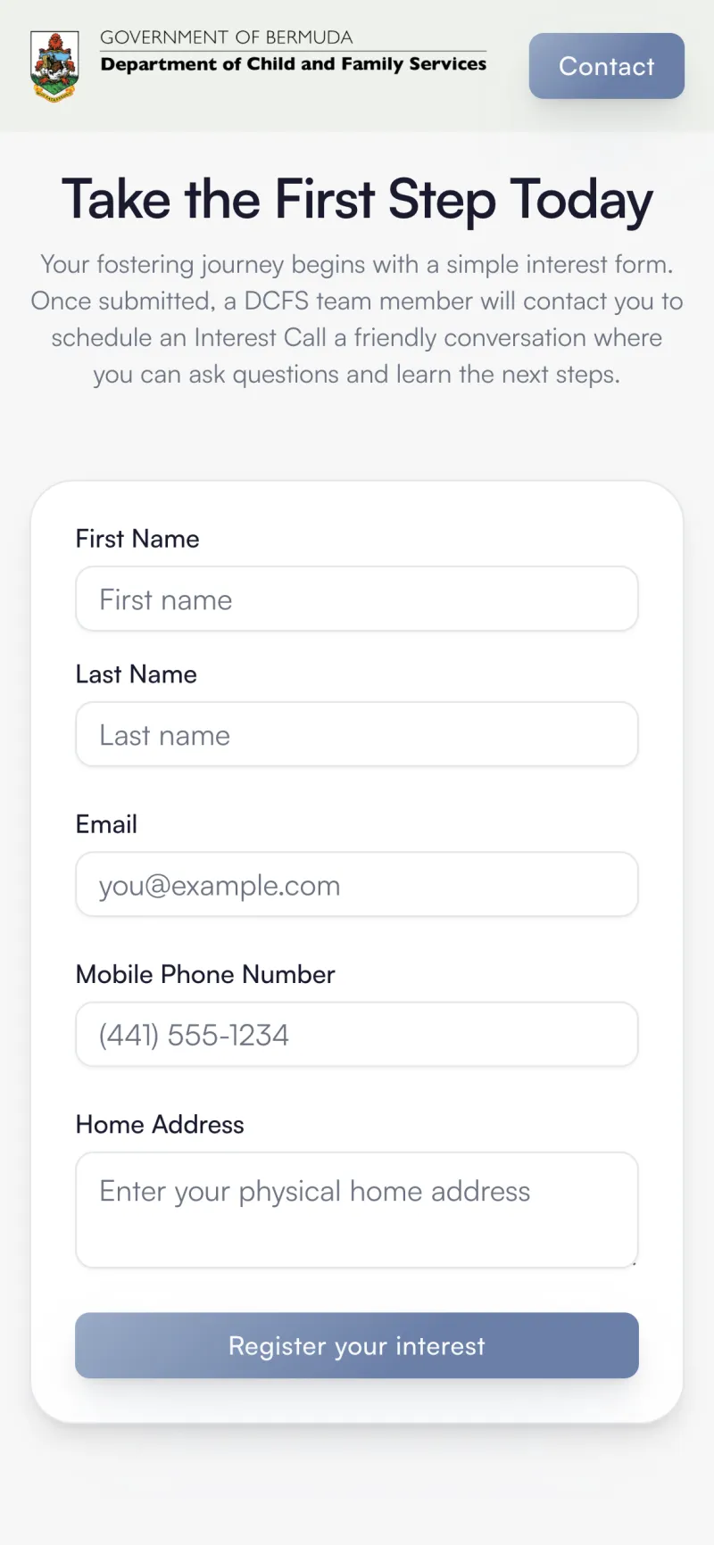 The five-field interest form on a phone